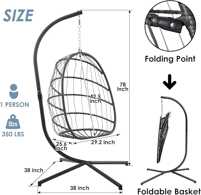 Egg Chair with Stand - Hanging Swing Egg Chair Rattan Wicker Patio Hammock Chair for Indoor Outdoor Bedroom - Rusty Resistant Aluminum Frame and UV Resistant Cushion 350LBS Capacity (Teal Blue)