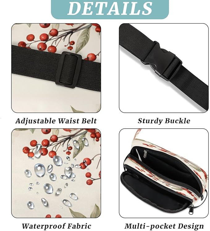 Flowery Berry Waterproof Fanny Pack for Women Men Adjustable Waist Bag with Double Zipper Pockets Lightweight Square Hip Pack for Running Travel Hiking Workout Cycling