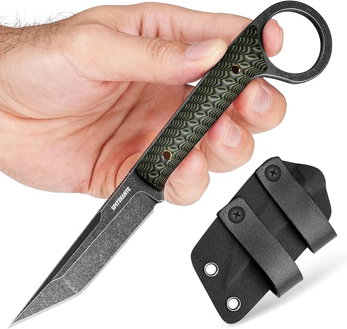 7.3 EDC Fixed Blade Knife with Sheath Full Tang 5Cr14MoV Camping Knife Green G10 Handle Finger Ring Design Horizontal/Vertical Carry Outdoor Survival Gift for Men