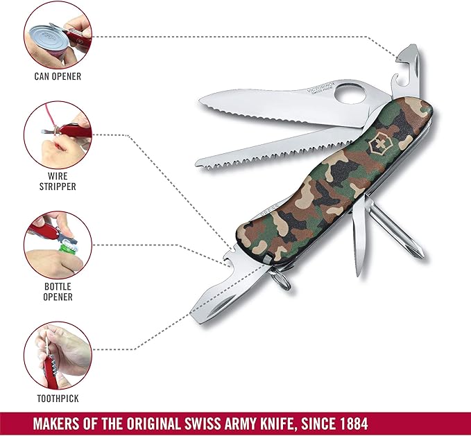 Victorinox Trailfinder SW Swiss Army Knife 12 Function Swiss Made Pocket Knife with Large Serrated Blade Bottle Opener and Wood Saw - Camouflage