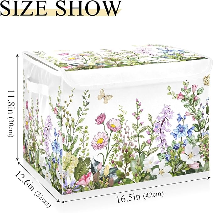 senya Spring Storage Baskets Collapsible Storage Bins with Lids Spring Wild Flowers Butterfly Storage Boxes Clothes Baskets for Organizing