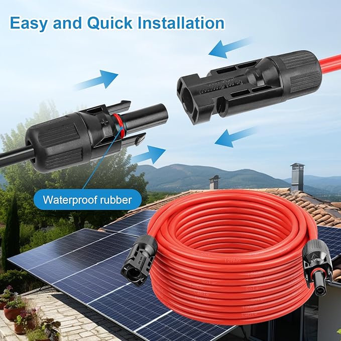 MOOKEERF Solar Panel Extension Cable - 12AWG 50FT Solar Wire with Female &amp Male Waterproof Connector PV Wire for RV Photovoltaic Systems Home Boat Solar Panels Car(50FT Red + 50FT Black)