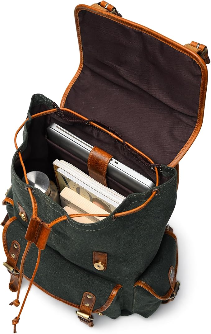 Leather Canvas Backpack Durable Vintage Large Travel Laptop Bag for Men &amp Women Work Hiking School (Oily Green)