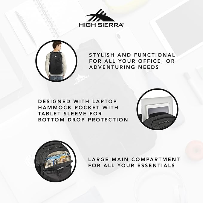 High Sierra Swerve Pro Backpack with Laptop Pocket + Tablet Sleeve Fits most 17” Laptops 27L Black
