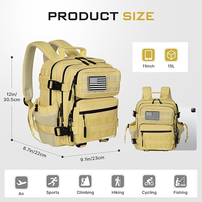Boomistry 15L Mini Tactical Backpack Small Tactical Backpack for Men and Women Military Molle Backpack for Gym Daily (Khaki)