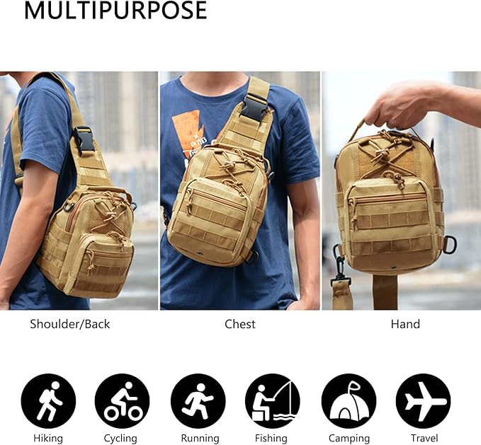 Tactical Crossbody Military Sling Bag Waterproof Oxford Shoulder Bag MOLLE Chest Bag Assault Back Pack One Strap Backpack for Outdoor Camp Hiking Cycling Running Coyote