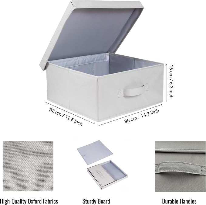 Set of 3 Stackable Fabric Storage Bins with Lid - Light Grey 14.2 L x 12.6 W x 6.3 H