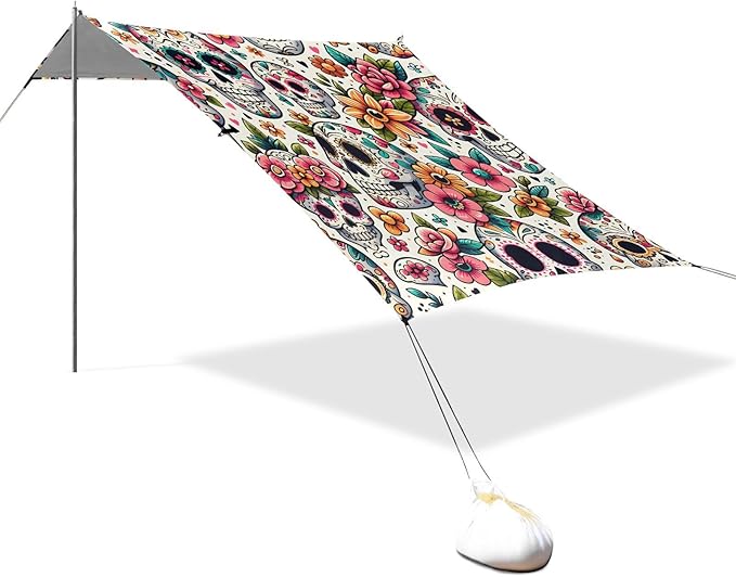 ALAZA Sugar Skull Day of Dead Flower Beach Tent Sun Shelter UPF50+ Protection Beach Shade Canopy w/ 4 Sandbags for Outdoor Camping Fishing Backyard Fun Picnic 10x9 ft