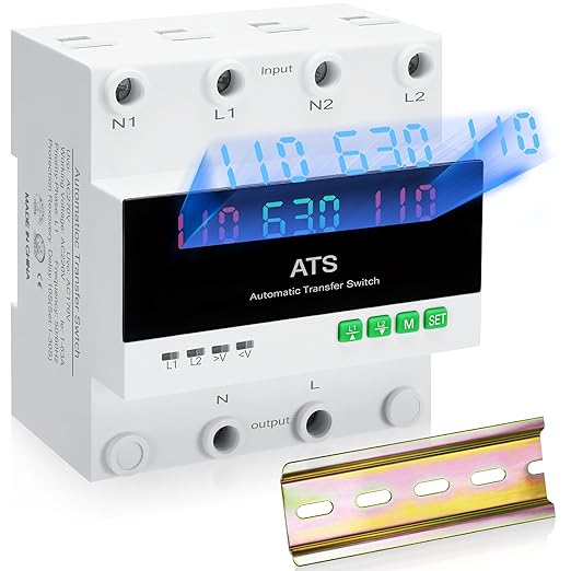 63 amp AC110V Automatic/Manual Transfer Switch with LED Display 50/60Hz 2P 63A ATS Auto Dual Power Outdoor Changeover Switch for Home Generator L1 Priority Din Rail Mount Selector Transfer Switches
