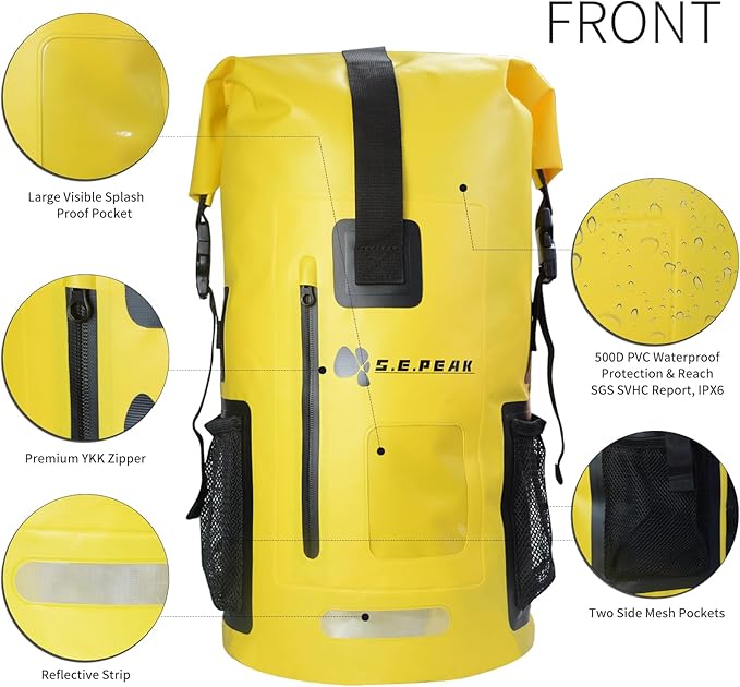 Waterproof Dry Bag Backpack IPX6 Roll-Top Closure Bag Boating &amp Kayak Accessories - Essentials for Camping Swimming Beach Fishing Rafting Travel Yellow
