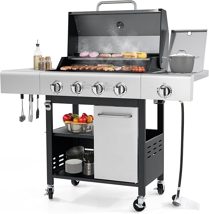 HUGROVE 50000 BTU Propane Gas Grill 4 Burner BBQ Grill with Side Burner Stainless Steel Outdoor Grill with Wheels for Patio Backyard &amp Outdoor Cooking (Silver &amp Black)