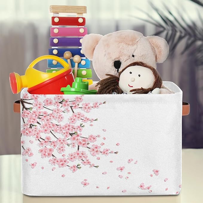 Basket Storage Bins Japanese Cherry Blossoms Rectangle Cube Basket Box Kids Girls Boys Toys Organizer Beaket Decor Foldable with Handle for Living Room Bedroom Closet Nursery Office Shelf Gifts