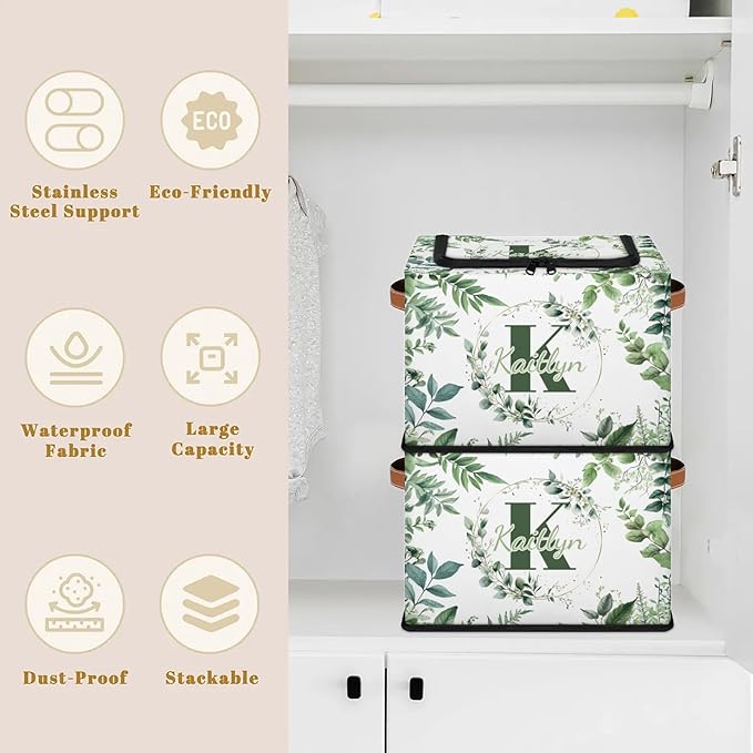 Personalized Eucalyptus Initials Storage Bins with Zipper Lid Custom Fabric Storage Boxes Foldable Closet Organizers Cubes for Clothes Shelves Home Decorative 2PCS Sage Green