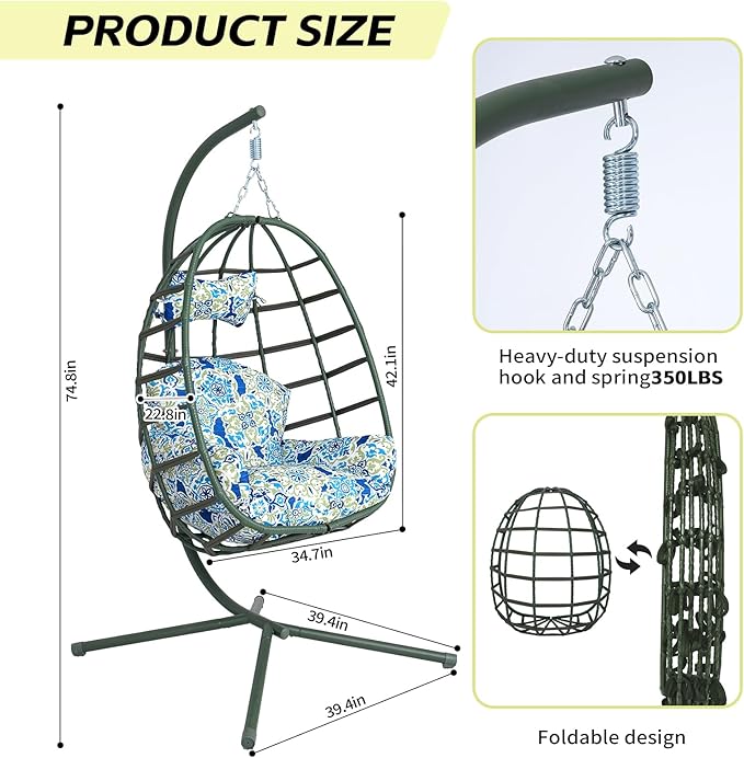 Hanging Egg Chair with Stand Outdoor Indoor Patio Rattan Swing Hammock Chairs with Washable Cushion 350lbs Capacity PE Wicker Swing Chair for Backyard Bedroom Garden (Dark Green + Floral Cushion)