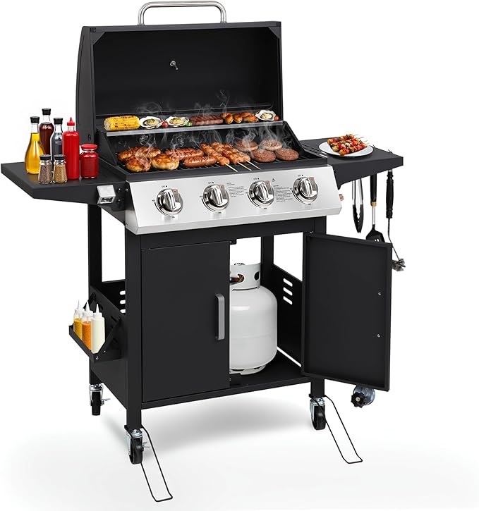 HUGROVE 4 Burner Propane Gas BBQ Grill with Wheels 40000 BTU Output Stainless Steel Barbecue Grill for Backyard &amp Outdoor Cooking Easy to Assemble Foldable Side Tables &amp Spice Rack (Black)