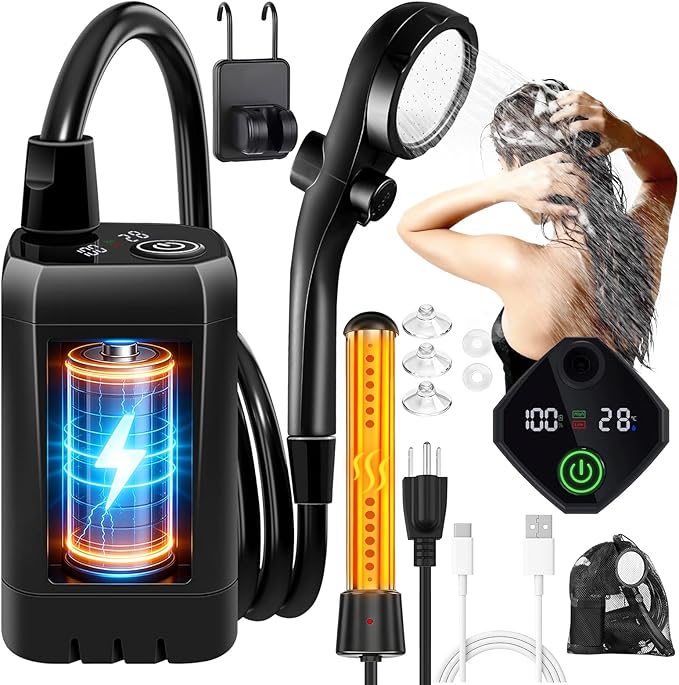 Camping Shower with Heater Portable – 6000mAh Rechargeable Hot Water Shower Pump with LED Display 3 Spray Modes for Outdoor Camping RV Pet Bath Car Wash Travel