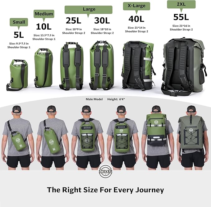STOVER 5/10/25/30/40/55L Waterproof Dry Bag- Roll-Top Backpack w/Phone Case- Kayaking Hiking Camping Boating- Men/Women