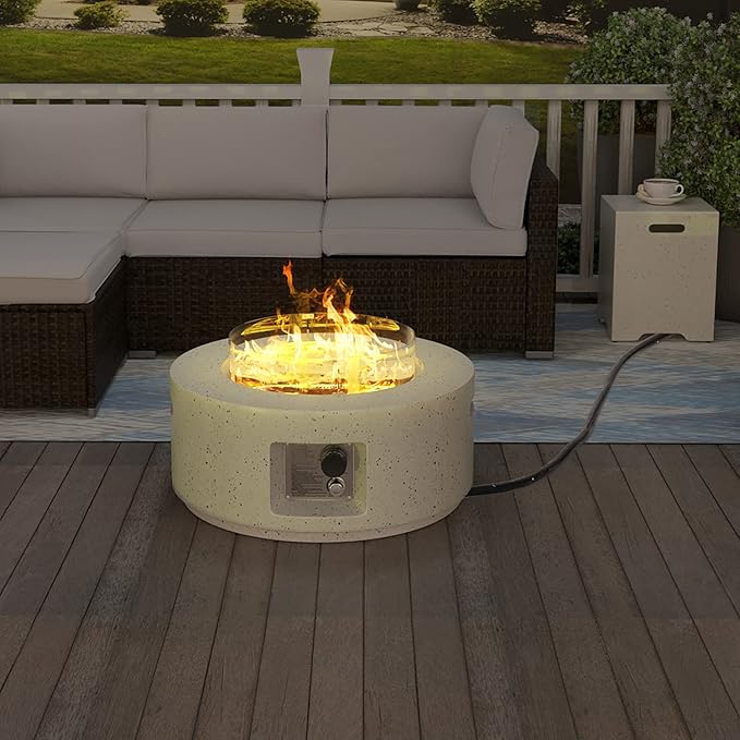 HOMPUS Outdoor Propane Fire Pit 40000 BTU 42-inch x 17-inch Round Concrete Gas Fire Table Outside Smokeless Firepit with Tank CoverWind GuradLava Rocks and Rain Cover for GardenDeckBackyard