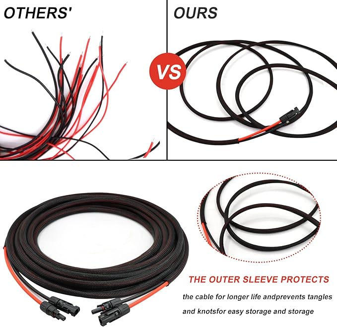 Twin Wire 100FT Solar Extension Cable - 10AWG(6mm²) Solar Panel Connector with 6 Pairs-IP67-Male/Female Solar connectors for Outdoor Automotive RV Boat Marine Solar Panel- Black &amp Red