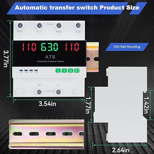 63A 110V Automatic Transfer Switch 2P Dual Power Select Interruptor Electrical Changeover Switch with LED Display Mini ATS Din Rail Mount 50/60Hz CE Certified for Backup Power