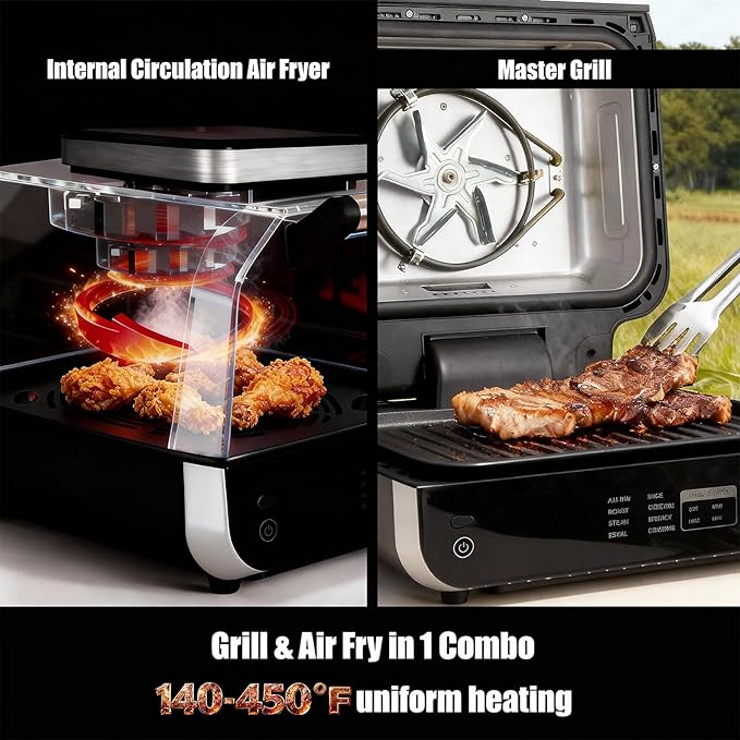 OLIXIS Electric Grill Outdoor/Indoor 8-in-1 Multifunctional Large Electric BBQ Grill for Air Fry Bake Roast Steak Broil and Dehydrate Safe Non-Stick Coating Fry Basket Included