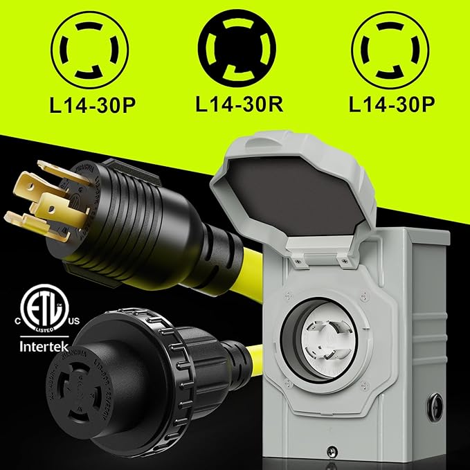 30 Amp Generator Cord 50FT and Power Inlet Box NEMA L14-30P/L14-30R 125/250V Twist Lock Connector with Pre-Drilled NEMA L14-30P Generator Inlet Box for Generator to House ETL Listed