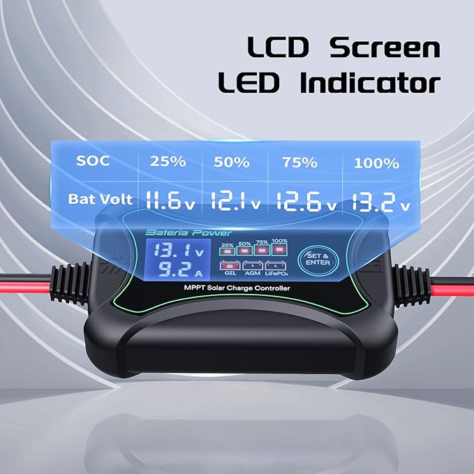 10Amp 12 Volt MPPT Solar Charge Controller Bateria Power Intelligent Portable Solar Panel Controller Max PV 150W 30Voc Solar Regulator for Gel AGM Lead-Acid Lithium LiFePO4 Battery (SunRock 10)