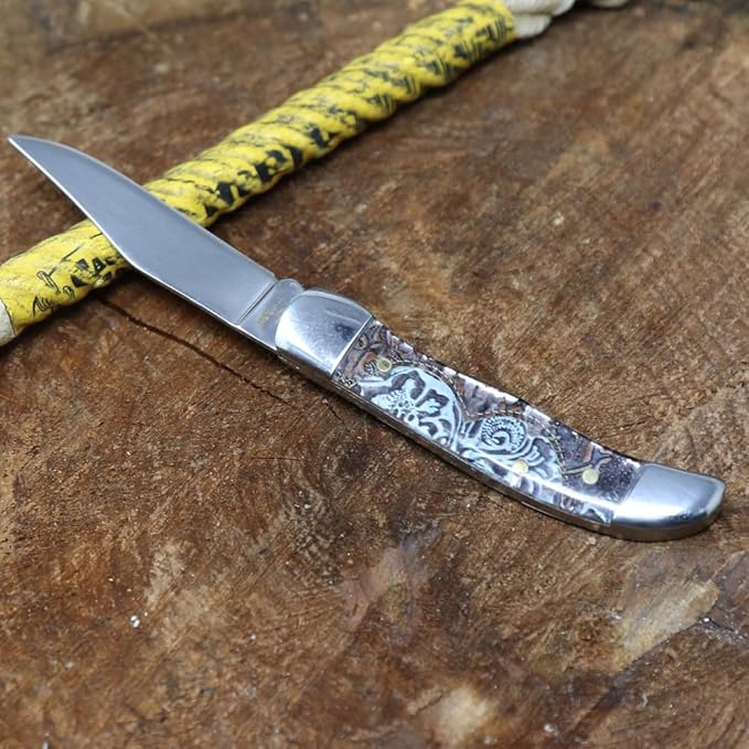 WHISKEY BENT HAT CO. Mini Hunter Folding Pocket Knife 2.75 Closed Length 440C Stainless Steel Blade (Tooled Country)