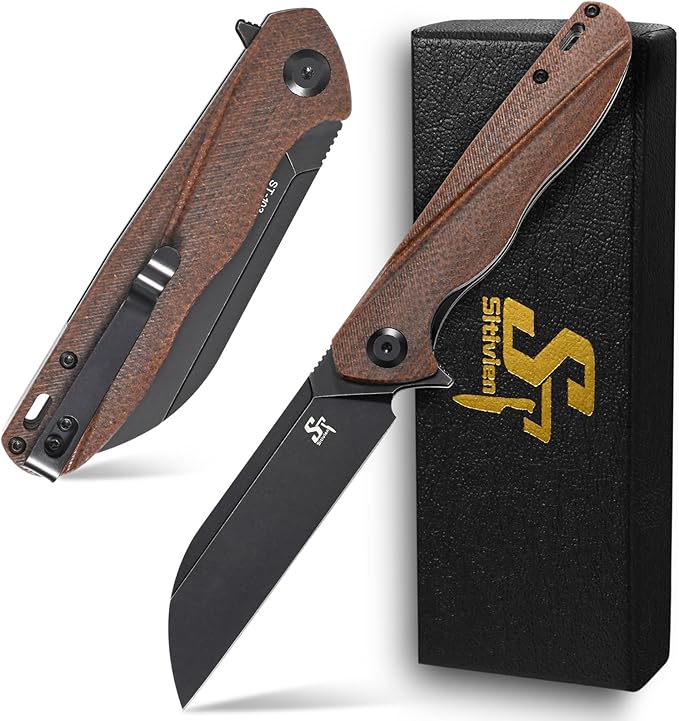 Sitivien ST103 Folding Knife D2 Steel BladeMicarta Handle EDC Tool Knife for Outdoor Camping Hunting Survival(Brown)