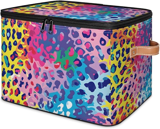 Storage Bin with Lid Leopard Stackable Closet Storage Bins Decorative Bedroom Organizer Box Lidded Baskets Living Room Storages Boxes Cube Organizer Cute Container with Handles