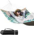 Double Hammock 11 FT Quilted Fabric 2 Person Hammock for Outside with Pillow Folding Curved Spreader Bar Chains Carrying Bag Indoor Outdoor 450 IB Capacity BlueLeaves