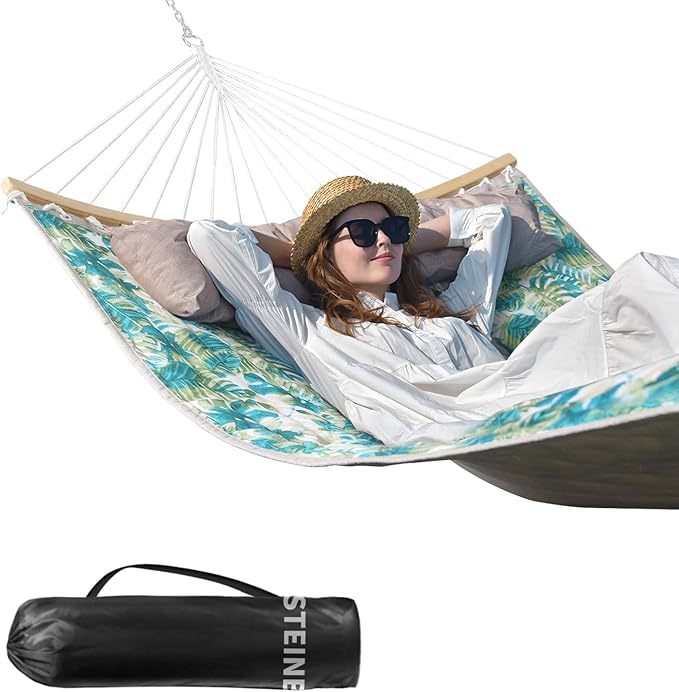 Double Hammock 11 FT Quilted Fabric 2 Person Hammock for Outside with Pillow Folding Curved Spreader Bar Chains Carrying Bag Indoor Outdoor 450 IB Capacity BlueLeaves