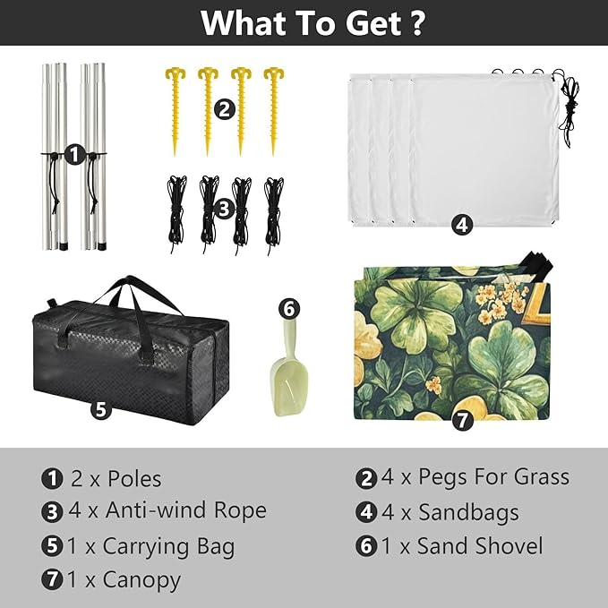 St Patrick's Day Lucky Clovers Beach Tent Sun Shelter Set UPF50+ UV Protection 10.5 x 9.19 FT Camping Shade Canopy with Sandbags Sand Anchors Carrying Bag and Others