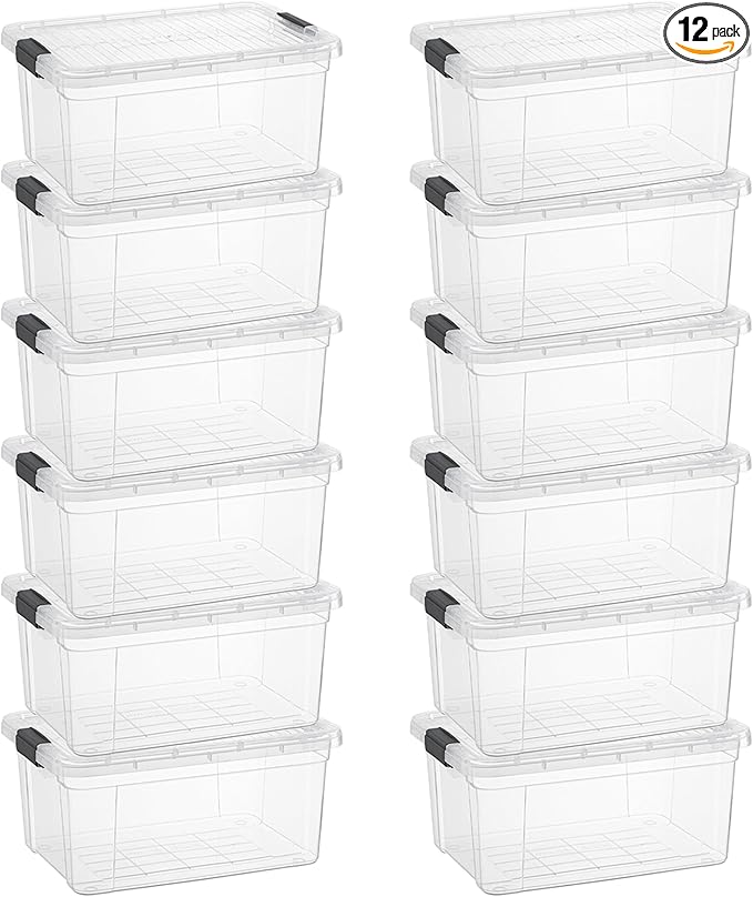 Superio Small Clear Plastic Storage Bin with LidNon-Toxic BPA Free Odor Free Organizer Storage Box Stackable Plastic Tote for Home Garage School and Office (11 Quart 12-Pack)