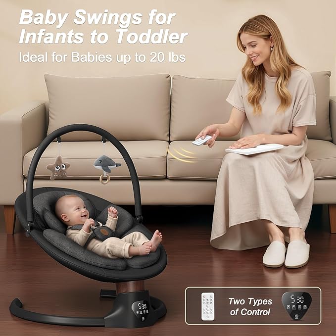 Baby Swings for Infants FasonBaby Electric Baby Swing with 10 Preset Melodies 5 Speeds Remote Control and Bluetooth - Portable Infant Swing for Indoor and Outdoor(Black)