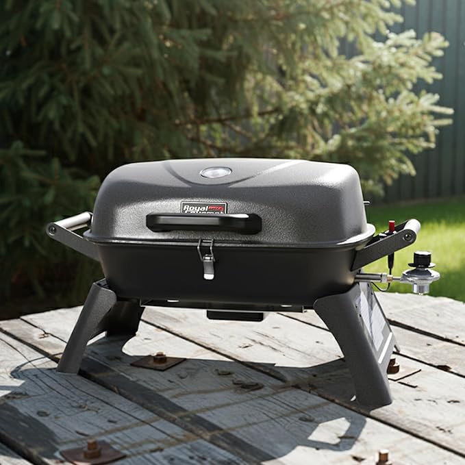 Royal Gourmet GT2006 Portable Tabletop Gas Grill 12000 BTU Output for Outdoor Camping Foldable Legs Piezo Ignition Built-in Thermometer for Tailgates and Camping Trips Dark Gray