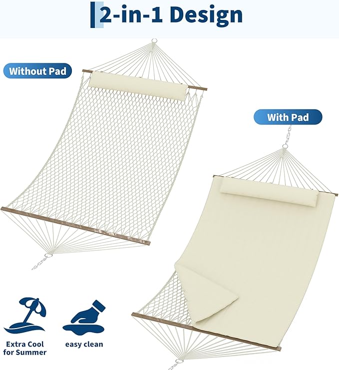 2 Person 12FT Hammocks for Outside Double Quilted Fabric Outdoor Hammock with Spreader Bar Large Removable Pillow Storage Pockets Carabiners Max 450 Lbs Capacity