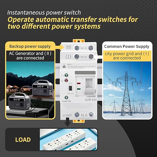 Mini ATS AC Automatic/Manual Transfer Switch 2P 63A 110V ATS Manual Transfer for Uninterruptible Power Supply Home Dual Auto Power Electrical Selector Switch DIN Rail Mount（G2R 2P 63A AC110V）
