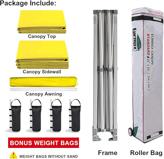 Eurmax USA 10x10 Pop Up CanopyCommercial Tent with Patented No-Tip Rolling Bag24sqft Extension Awning &amp 4 Zippered Removable WallsUV &amp Water ResistantHeavy Duty Instant Shelter GazeboYell