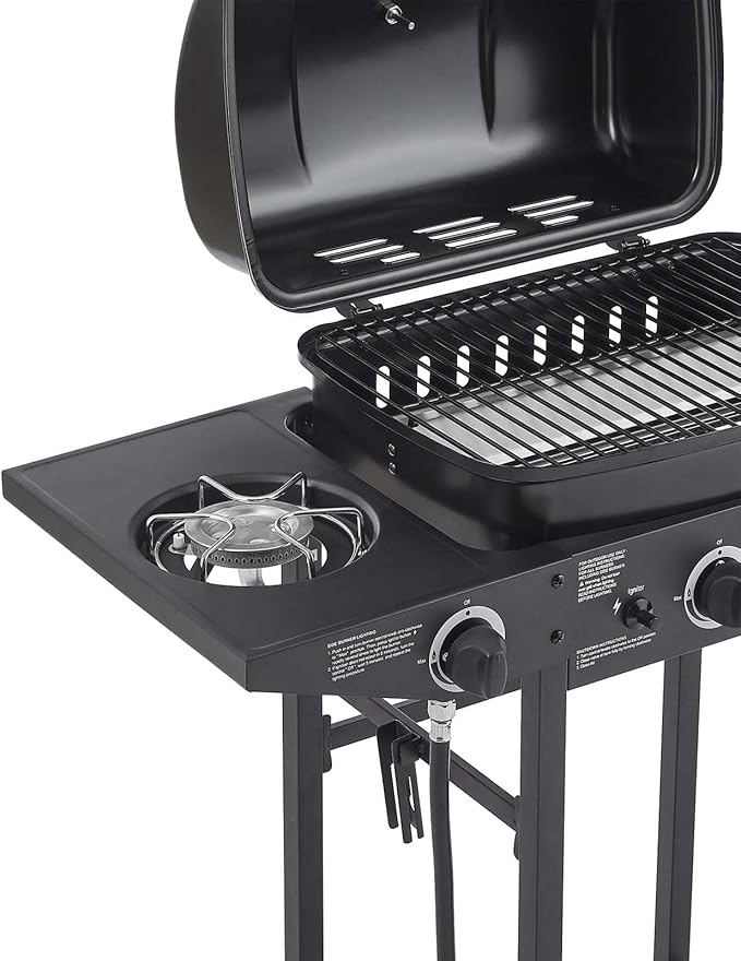2-Burner Propane Gas BBQ Grill with Side Burner 24000 BTU Stainless Steel Barbecue Grill with Cast Iron Grates and Side Table for Outdoor Cooking Kitchen Patio