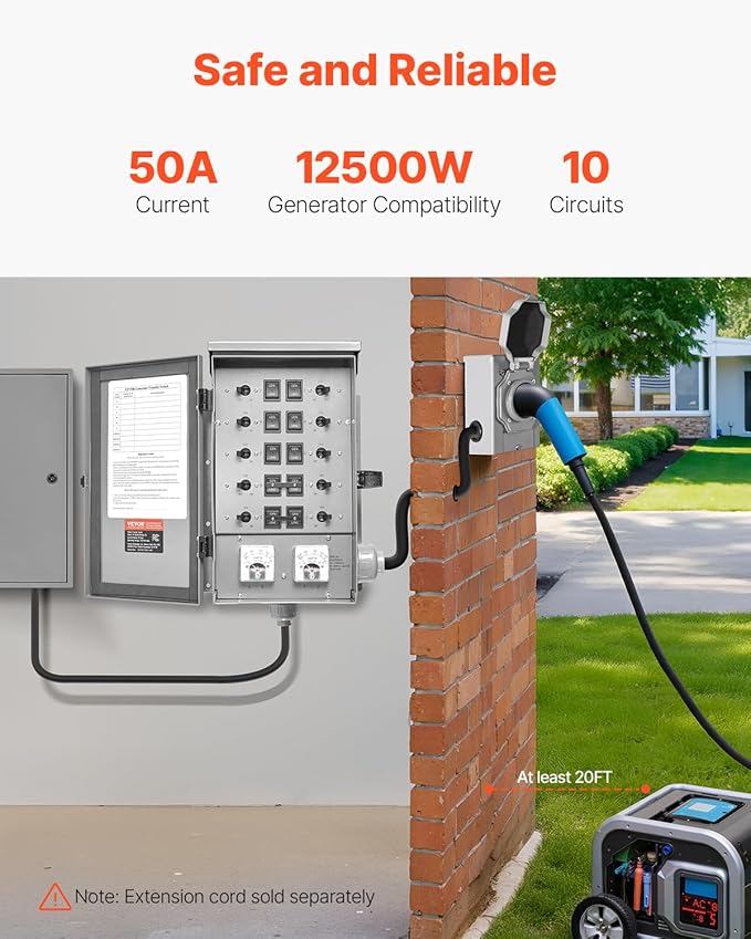 VEVOR Manual Transfer 50-Amp 10-Circuit Prewired Generator Transfer Kit with CS6375 Plug Power Inlet Box Double-Throw NEMA 3R Mechanical Watt Meter for 12500W Generators
