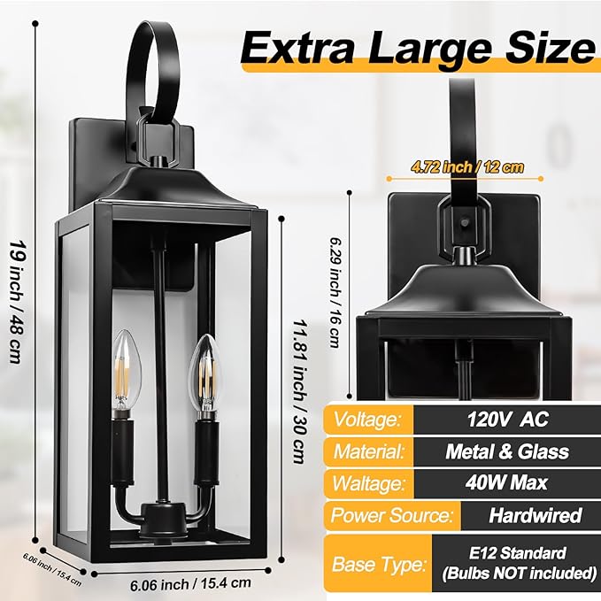 19 Large Outdoor Wall Lights - Black Outside Wall Mounted Light Fixture Exterior Lighting Fixtures Farmhouse Outside Wall Sconce Lantern 2-Light Modern Porch Lights for House 2 Pack