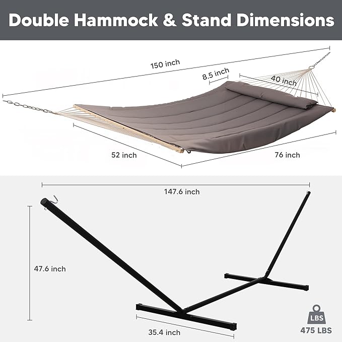 SUNCREAT Hammocks Two Person Hammock with 12ft Stand Included Max 475lbs Capacity Heavy Duty Free Standing Hammock Coffee