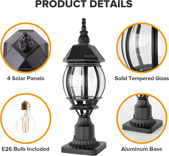 LUTEC Solar Post Light With Pier Mount Base Dusk to Dawn Aluminium Lamp Exterior Black Solar Powered Fence Waterproof for Outside