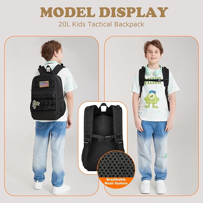 Kids tactical Backpack for Boys School Bag 20L mini Children Backpack for Outdoor Camping Travel (Black)