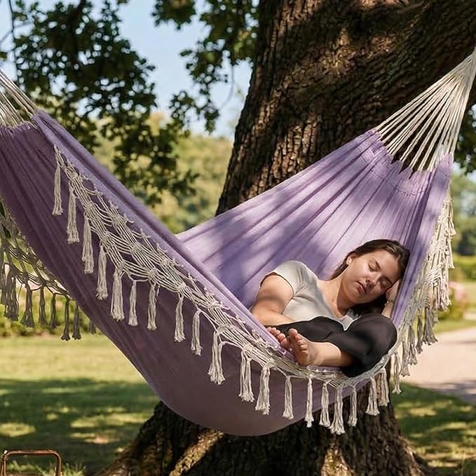 Double Boho Macrame Hammock with Elegant Tassels for Patio Yard Beach Wedding Decor Outdoor and Indoor Up to 450lbs Include Tie Ropes and Drawstring Bag （ Light Purple）