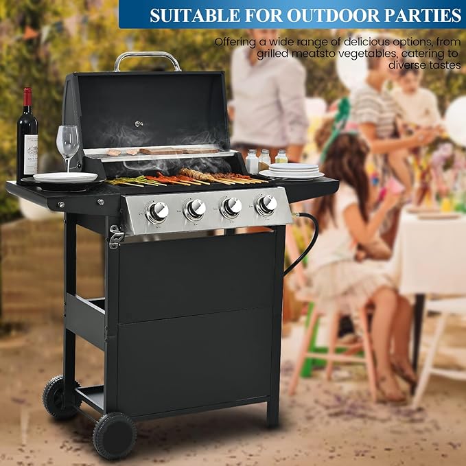 Patio Propane Gas Grill Stainless Steel 4-Burner BBQ Grill with Top Cover Lid Spacious Cooking Area and 2 Side Shelves for Outdoor Patio Garden Picnic Backyard Black
