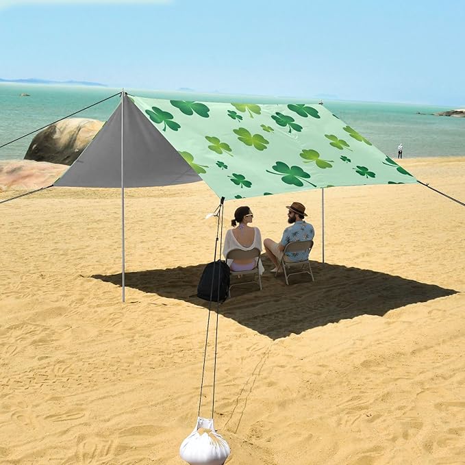 Beach Canopy with Windproof Ropes &amp Sandbags Beach Tent Sun Shade Sun Shelter for Camping Trips Fishing Backyard Fun or Picnics St. Patrick's Day Clover