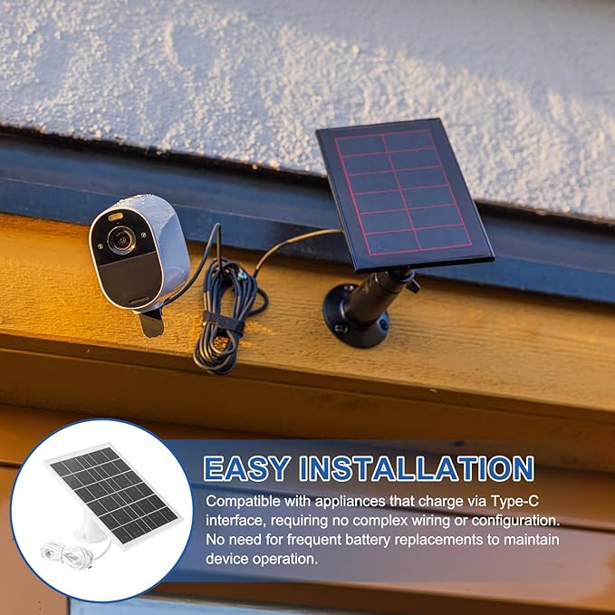 MECCANIXITY Solar Panel for Ring Camera 5W 6V USB Solar Panel Charger with 6ft Type-C Port Cable 360°Adjustable Wall Mount for Security Outdoor Bird Feeder IP65 Waterproof Mono White