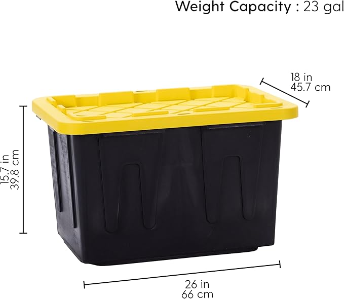 Plastic 23-Gallon Storage Tote with Lockable Lid Stackable Tough Regular-Duty Bin for Garage Tools and Home Organization (2-Pack) - Black and Yellow